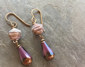 Botswana Agate and Bronze dipped Plum bead earrings