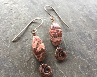 REMEMBRANCE  Copper Ammonite and Jasper Earrings