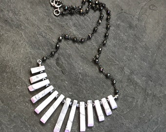 Howlite fan necklace on rosaried pyrites