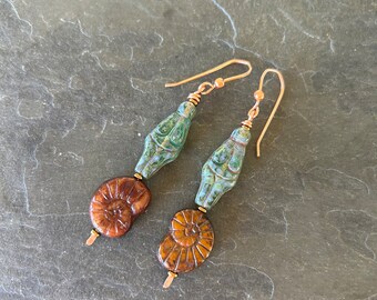 Venus of Willendorf  and Fossil Earrings on Hand Formed Copper Earwires