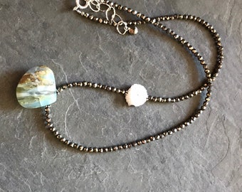Peruvian Opal on Pyrite and solar quartz assymetric necklace