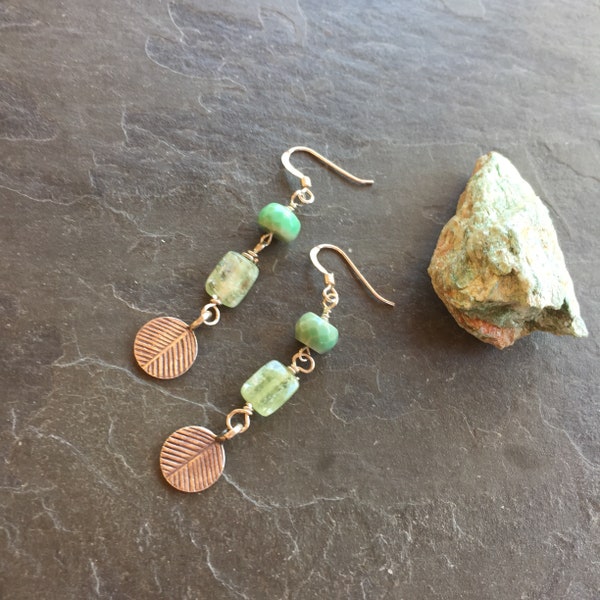 KYANITE and AUSTRALIAN CHYRSOPRASE and Fine Silver Hill Tribe Leaf Charm Earrings