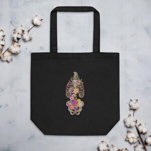 Anatomy Tote Bag – Black fabric bag with floral rib motif for medical professionals