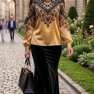 Può includere: Una donna indossa una blusa dorata con motivi floreali neri, una gonna di velluto nera e un foulard abbinato. Porta una borsa nera con catene dorate, camminando su una strada acciottolata.