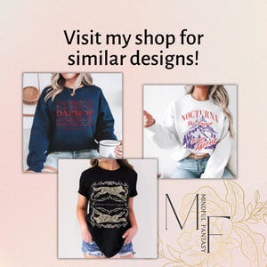 May include: The image showcases three different apparel items: a navy blue sweatshirt with red text, a white sweatshirt with a mountain graphic, and a black t-shirt with a decorative design. The text "Visit my shop for similar designs!" is also present.