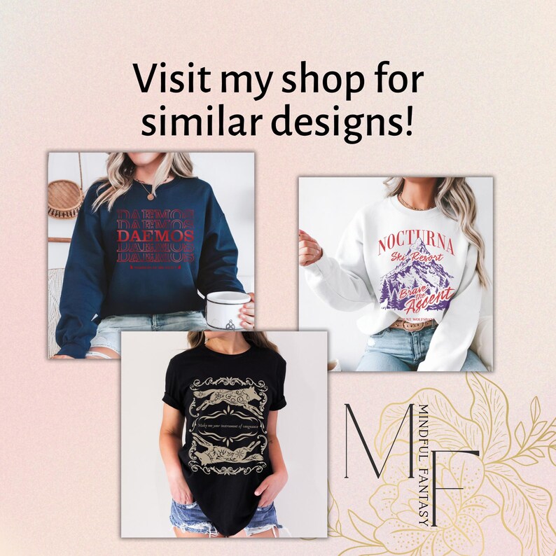 May include: The image showcases three different apparel items: a navy blue sweatshirt with red text, a white sweatshirt with a mountain graphic, and a black t-shirt with a decorative design. The text "Visit my shop for similar designs!" is also present.