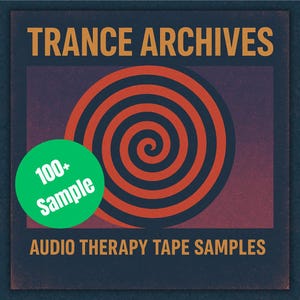 Puede incluir: Gráfico cuadrado con el texto "TRANCE ARCHIVES" en letras doradas. Un gran diseño en espiral naranja y negro está centrado en un fondo púrpura. Un círculo verde con el texto "100+ Sample" está en la esquina inferior izquierda. El texto "AUDIO THERAPY TAPE SAMPLES" está en la parte inferior.