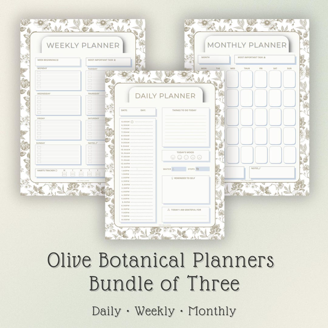 Olive Botanical Planner Bundle | Daily Weekly Monthly Planner | Neutral ...