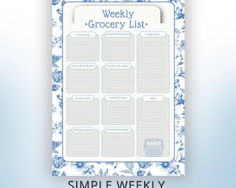 Lista de la compra semanal imprimible, planificador semanal sencillo, lista de la compra botánica azul, lista de la compra A4, planificador de cocina minimalista