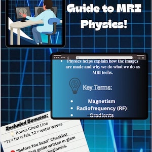 May include: Educational graphic with the title "A Beginner's Guide to MRI Physics!" and the text "Glam & Gradient: A Beginner's Guide to MRI Physics." Includes key terms like Magnetism and Radiofrequency (RF). Also includes a "Before You Scan" checklist.