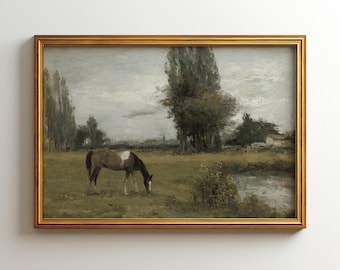 May include: An antique-style framed painting depicts a horse grazing in a field. The artwork features a brown and white horse, a pond, and trees under a cloudy sky. The frame is gold-colored.