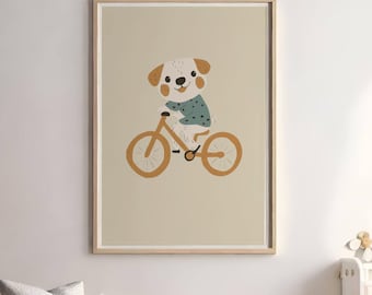 Cute Dog Riding Bicycle Wall Art | Puppy Nursery Print | Kids Room Animal Poster | Playroom Digital Download | Baby Shower Gift
