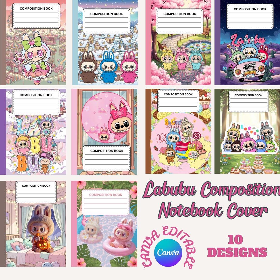 Labubu Composition Notebook Covers, Canva Composition Notebook Designs ...