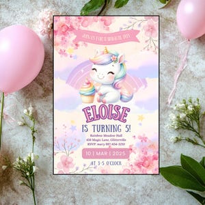 Tarjeta de cumpleaños de unicornio, tarjeta de arcoíris, nombre personalizado para cualquier edad, poni mágico rosa, 2.º, 3.º, 4.º, 5.º, 6.º, 7.º, 8.º, 9.º