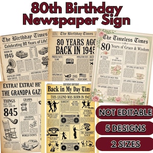 80th Birthday Newspaper Sign 1945, 80th Birthday Gift for Men or Women, 80th Birthday Decorations, Back in 1945, Gift for Him, Gift for Her