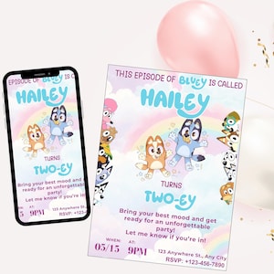 Blue Dog TWO-EY 2nd Birthday Invitation, Blue Dog Rainbow Daisy Pink Girl Party, Blue Dog Girl 2nd Birthday Party Invitation