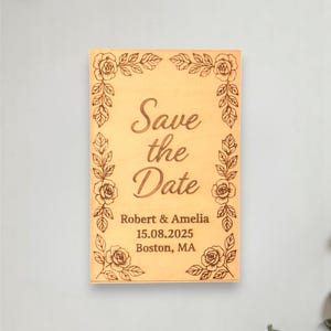 Custom Floral Save the Date Magnet Fridge, Rustic Wooden Save the Date Magnet, 5.51&quot;x3.54&quot; Personalized Wedding Card