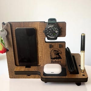 Personalized docking station,perfect for Birthday gift for husband, Personalized Brown Wooden Organizer, Wood Docking Station for Men