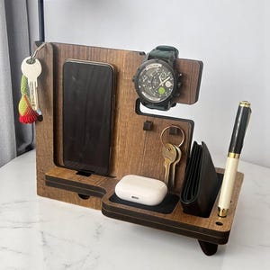 Personalized docking station,perfect for Birthday gift for husband, Personalized Brown Wooden Organizer, Wood Docking Station for Men