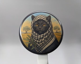 Keffiyeh Cat with Olive Branch – 1" / 2.25"  Button (Design 2) – Stand with Palestine Series