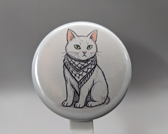 Keffiyeh Cat – White Cat with Green Eyes – 1" / 2.25" Button (Design 5) – Stand with Palestine Series