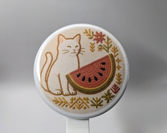 Cat and Watermelon – Tatreez Style – 1" / 2.25" Button (Design 4) – Stand with Palestine Series