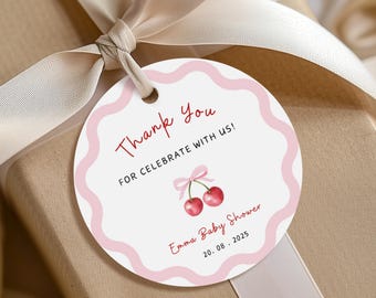Shes The Cherry On Top Baby Shower Favors, Editable Thank You Tags, Cherry Theme Gift Tags for Girl, Custom Thank You Favor Tags - BBS05