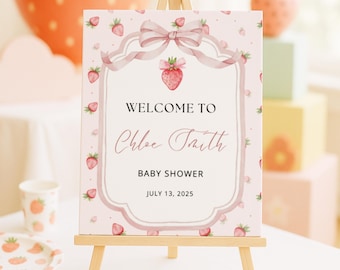 Panneau de bienvenue pour baby shower fraise et noeud rose | Noeud rose imprimable | Signe Coquette Girl | Conception modifiable | Coquette imprimable - BBS08