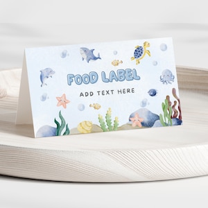 Voedseletiketten Under The Sea babyshower | Tentkaarten met oceaanthema, afdrukbare voedseltags voor nautische feesten | Afdrukbare kaarten: BBS02