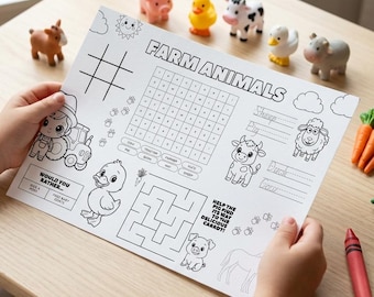 Printable Activity Placemat, Farm Animals Coloring Mat for Kids, Fun Party Favor, Educational Activity Page