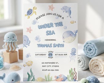 Sea You Soon Baby Invite Bundle | Editable Ocean Theme Invitation | Nautical Digital Invite for Kids Party | Printable Template - BBS02