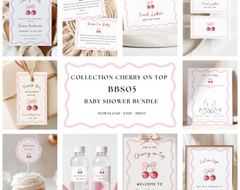 Coquette Cherry Baby Shower Bundle | Editable Cherry Invite Template | Fun Games and Pink Bow Decorations for Girls |  Cherry Theme - BBS05