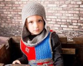 Knight of the Round Table Child's costume PDF Crochet Pattern  dress up kit  with Tabard, Helm Coif and Bracers