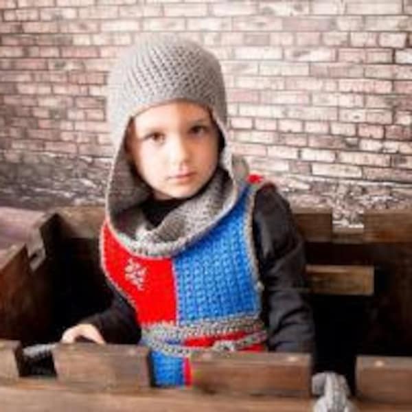 Knight of the Round Table Child's costume PDF Crochet Pattern  dress up kit  with Tabard, Helm Coif and Bracers