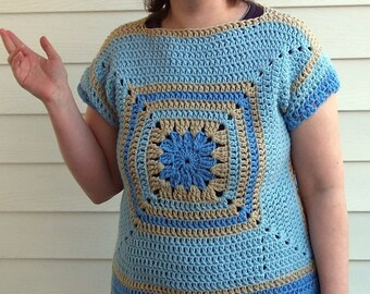 Crochet pattern short sleeve sweater granny square and boat neck PDF pattern