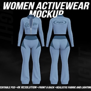 May include: Light blue activewear set mockup. The set includes a zip-up jacket and flared pants. The jacket has the text "Eight Graphic" on the front and back. The pants have a high waist design with darker blue accents. The text "WOMEN ACTIVEWEAR MOCKUP" is at the top.