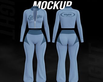Women Activewear Mockup PSD – Cropped Zip Jacket Flare Pants Set (4K)