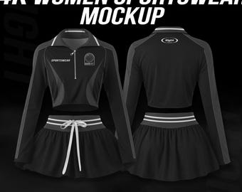 Women Athletic Skirt Set Mockup PSD, Quarter Zip Sportswear Outfit, Editable Front Back Activewear Template, 4K Apparel Mockup