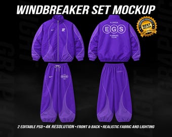 Windbreaker Tracksuit Mockup PSD – Full Set Jacket And Pants, 4K High Resolution, Editable Sportswear Mockup, Front & Back View