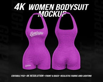 Women Fitness Bodysuit Mockup PSD, Sport Romper Apparel Template, Editable Front Back Activewear Mockup