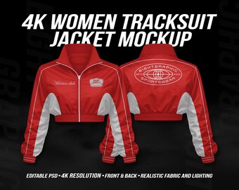 4K Women Tracksuit Jacket Mockup PSD – Cropped Jacket – Front & Back View – Editable Sportswear Activewear Template