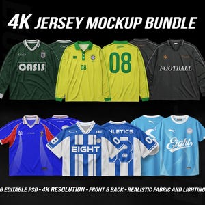 Könnte beinhalten: Eine Sammlung von Fußballtrikots in verschiedenen Farben, darunter Grün, Gelb, Blau und Schwarz. Jedes Trikot hat einzigartige Designs, Teamnamen und die Nummer "08". Der Text "4K JERSEY MOCKUP BUNDLE" wird oben angezeigt.