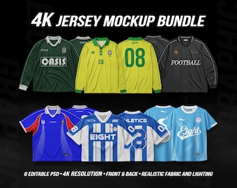4K voetbalshirt mockupbundel PSD – bewerkbare voetbalshirtsjablonen voor- en achterkant voor kledingmerkontwerp