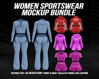 Women Sportswear Mockup Bundle PSD, Activewear Set Mockup, Tracksuit Hoodie Shorts, Front Back View, Editable Clothing Mockup 4K