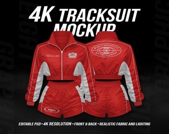 4K Women Tracksuit Mockup PSD – Cropped Jacket And Shorts Set – Front & Back View – Editable Sportswear Activewear Template