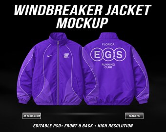 4K Windbreaker Jacket Mockup PSD – Editable Front & Back Sports Jacket Template, Realistic Streetwear Mockups