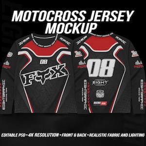 May include: A long-sleeve motocross jersey mockup displaying front and back views in black, red, and white. The design features the text MOTOCROSS JERSEY MOCKUP, the number 08, the word FOX, and various branding elements like EIGHTGRAPHIC and RACING GEAR.