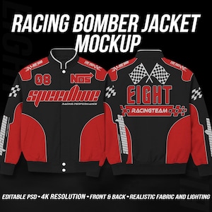 May include: A black and red racing bomber jacket shown from the front and back. The front features the text "speedline" and "08". The back displays "EIGHT" and "RACINGTEAM" with checkered flags. The design includes "RIDE HARD" and "LIVE FAST" text.