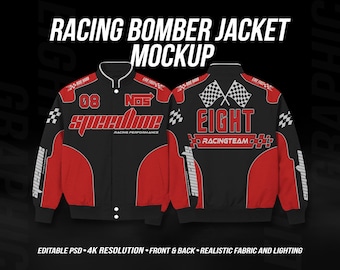 Racing Team Bomber Jacket Mockup PSD, Motocross Jacket Template, Editable Front Back Streetwear 4K