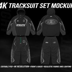 May include: A black tracksuit set mockup with a hooded jacket and matching trousers. The jacket features the word "ATHLETIC" and "EIGHTGRAPHIC SPORTSWEAR". The trousers have a drawstring waist and white accents. The text "4K TRACKSUIT SET MOCKUP" is at the top.